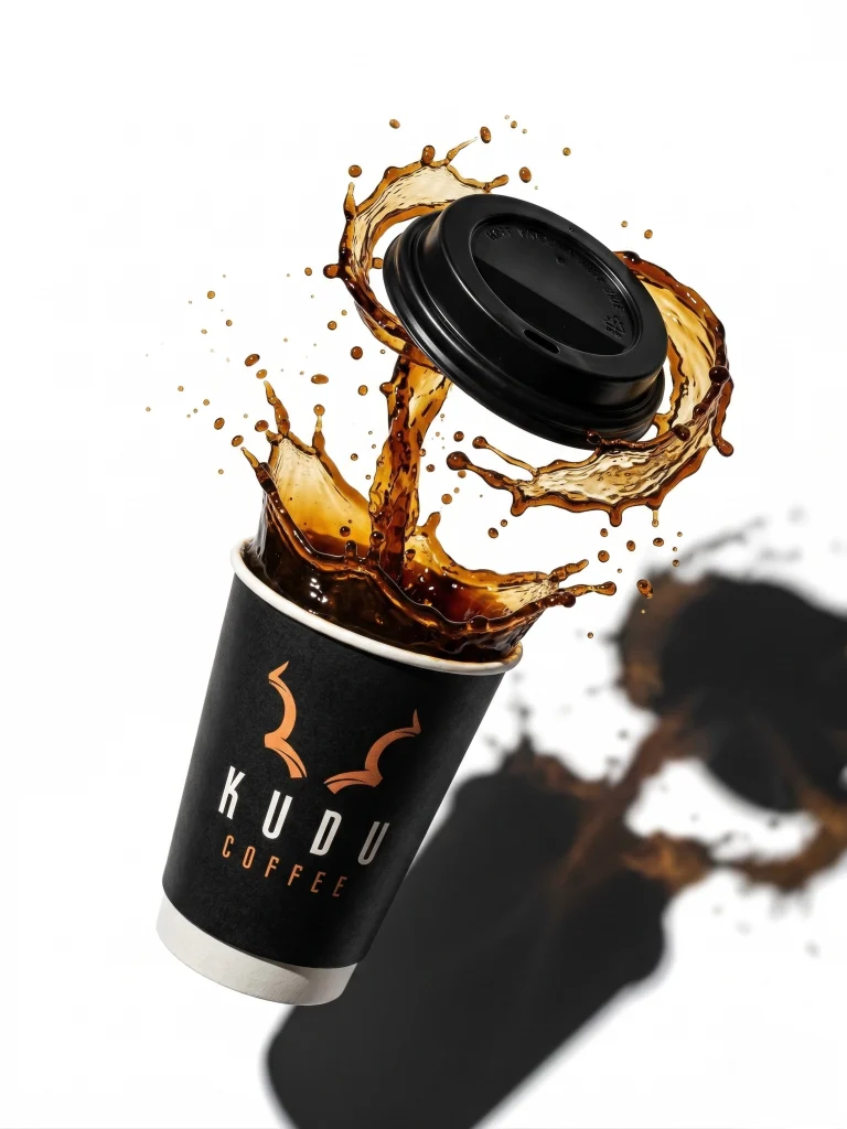 KUDU Coffee takeaway cup product shot with coffee spilling and swirling out