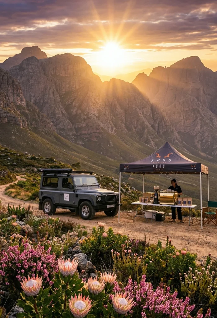 KUDU coffee Land Rover with branded gazebo tent on a mountainous trail South Africa